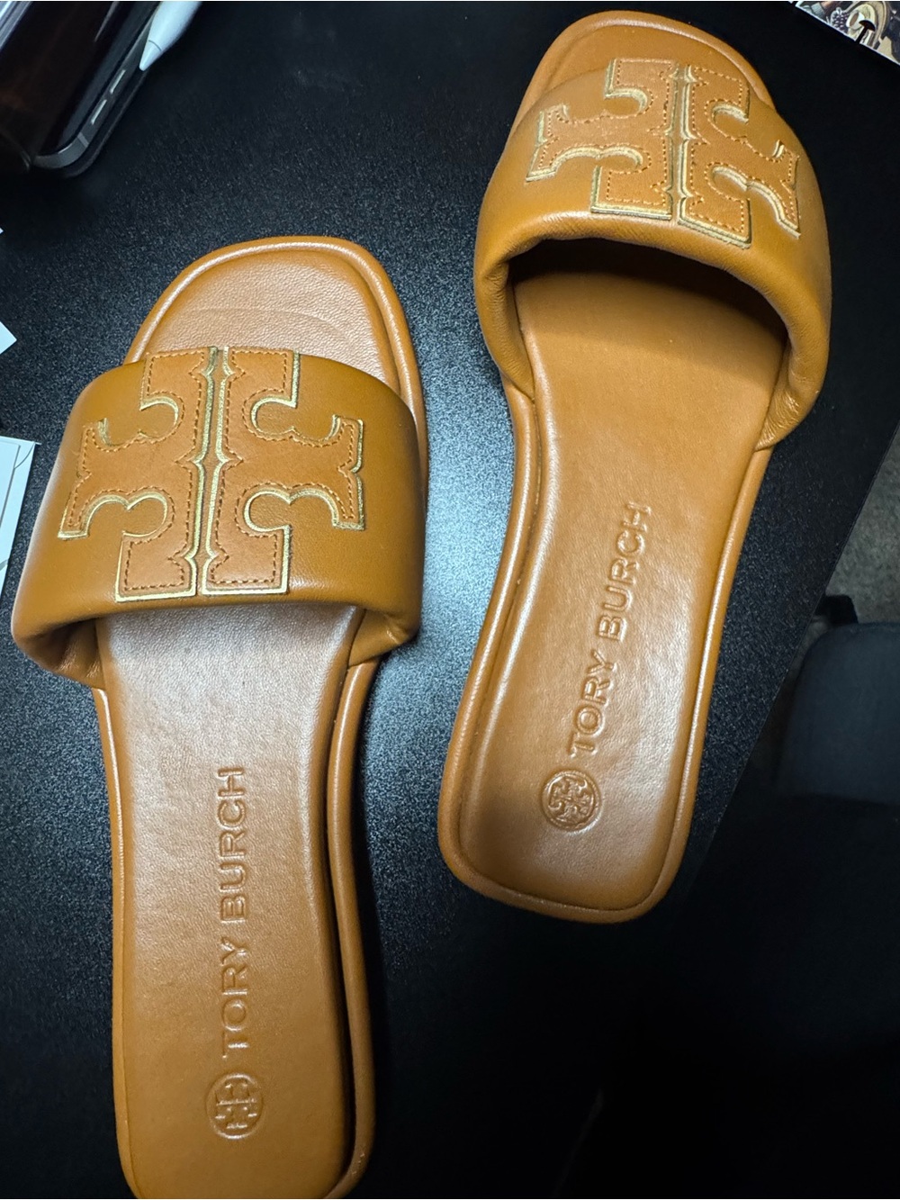 Tory Burch Leather Logo Slide Sandals in Cognac Brown - Picture 3 of 4